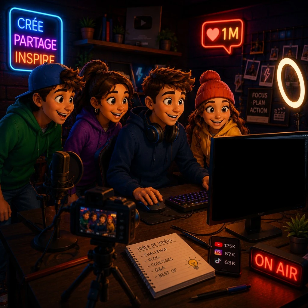 Illustration : studio de création de contenu, quatre jeunes et matériel photo (caméra, micro, néons CRÉE PARTAGE INSPIRE)