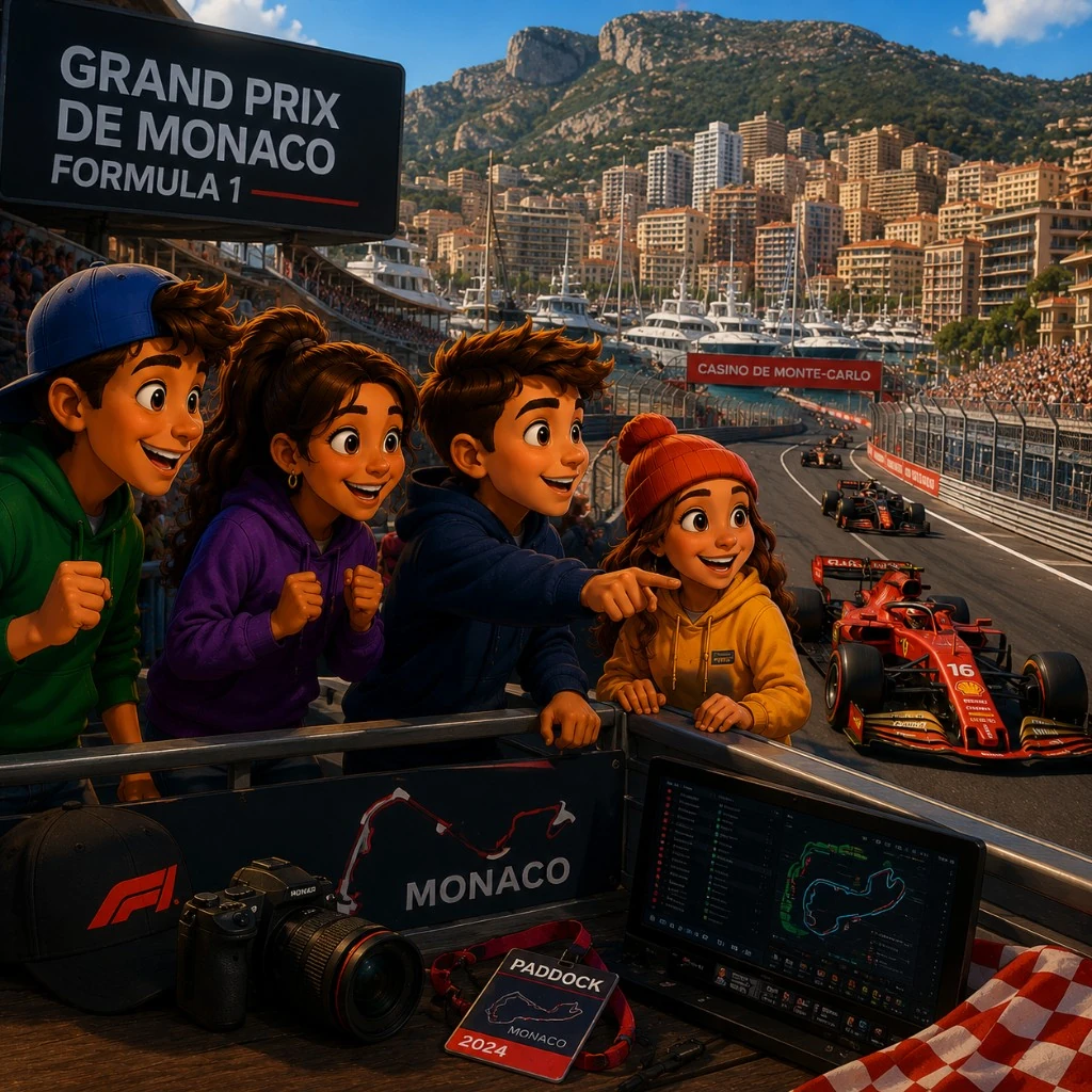 Illustration : enfants au bord du circuit du Grand Prix de Monaco, Formule 1 et baie en arrière-plan