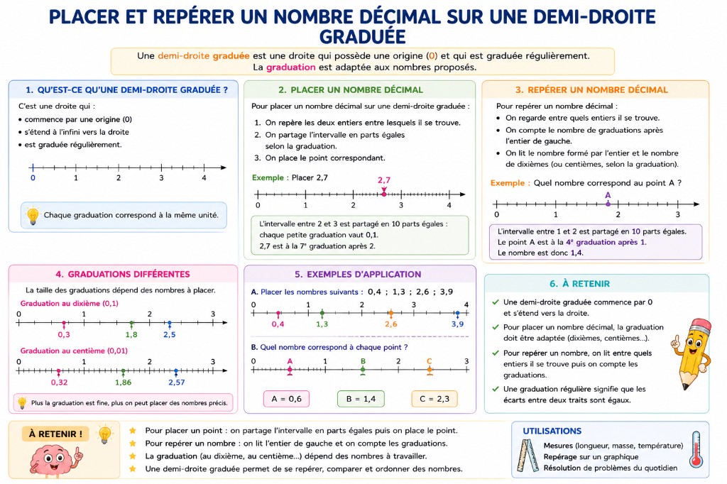 Mémo visuel pour placer et repérer un nombre décimal sur une demi-droite graduée.