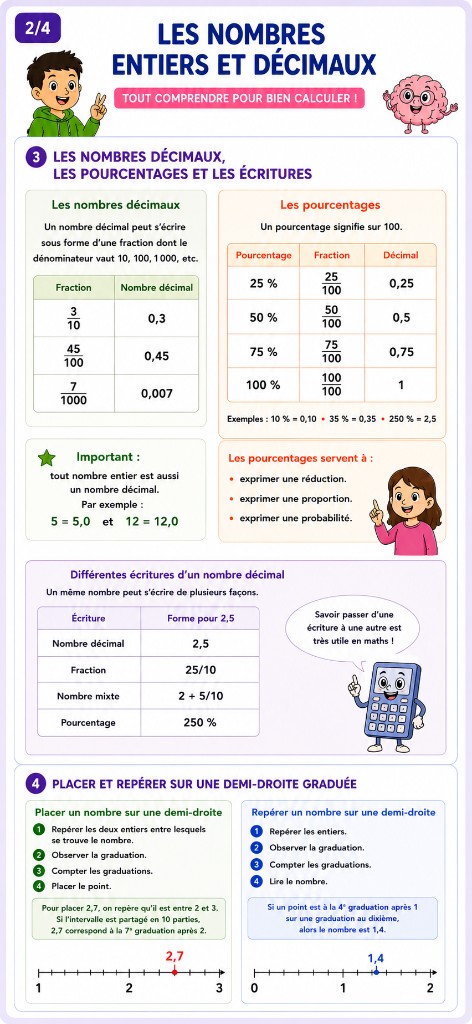 Infographie Mémo — Nombres décimaux et pourcentages, écritures fractionnaire et équivalentes, puis placer et repérer une valeur sur une demi-droite graduée (exemples 2,7 et 1,4).