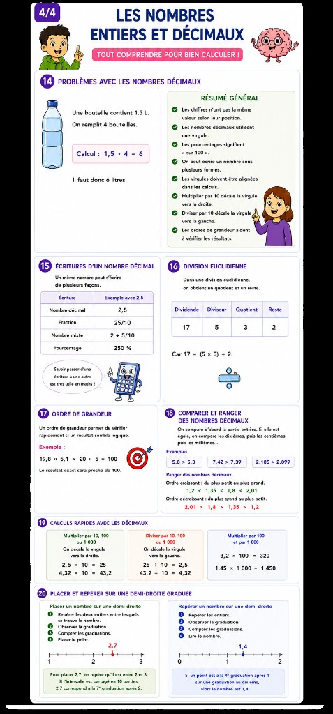 Infographie Mémo — Synthèse 4 sur 4 : problèmes avec les décimaux et rappel des règles, écritures d’un nombre (fraction, mixte, pourcentage), division euclidienne, ordre de grandeur, comparer et ranger, calculs rapides avec 10, 100 et 1000, demi-droite graduée (2,7 et 1,4).